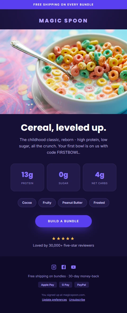 Example marketing email designed in the style of Magic Spoon