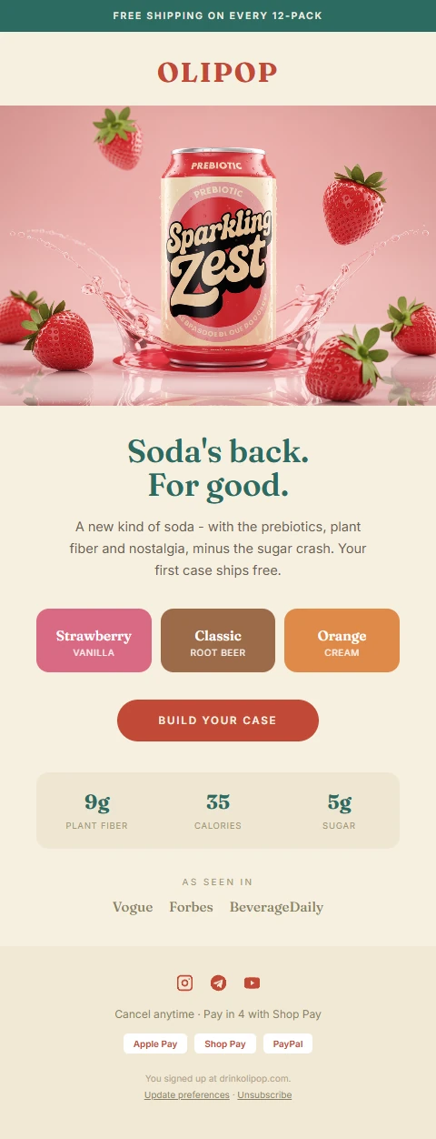 Example marketing email designed in the style of OLIPOP